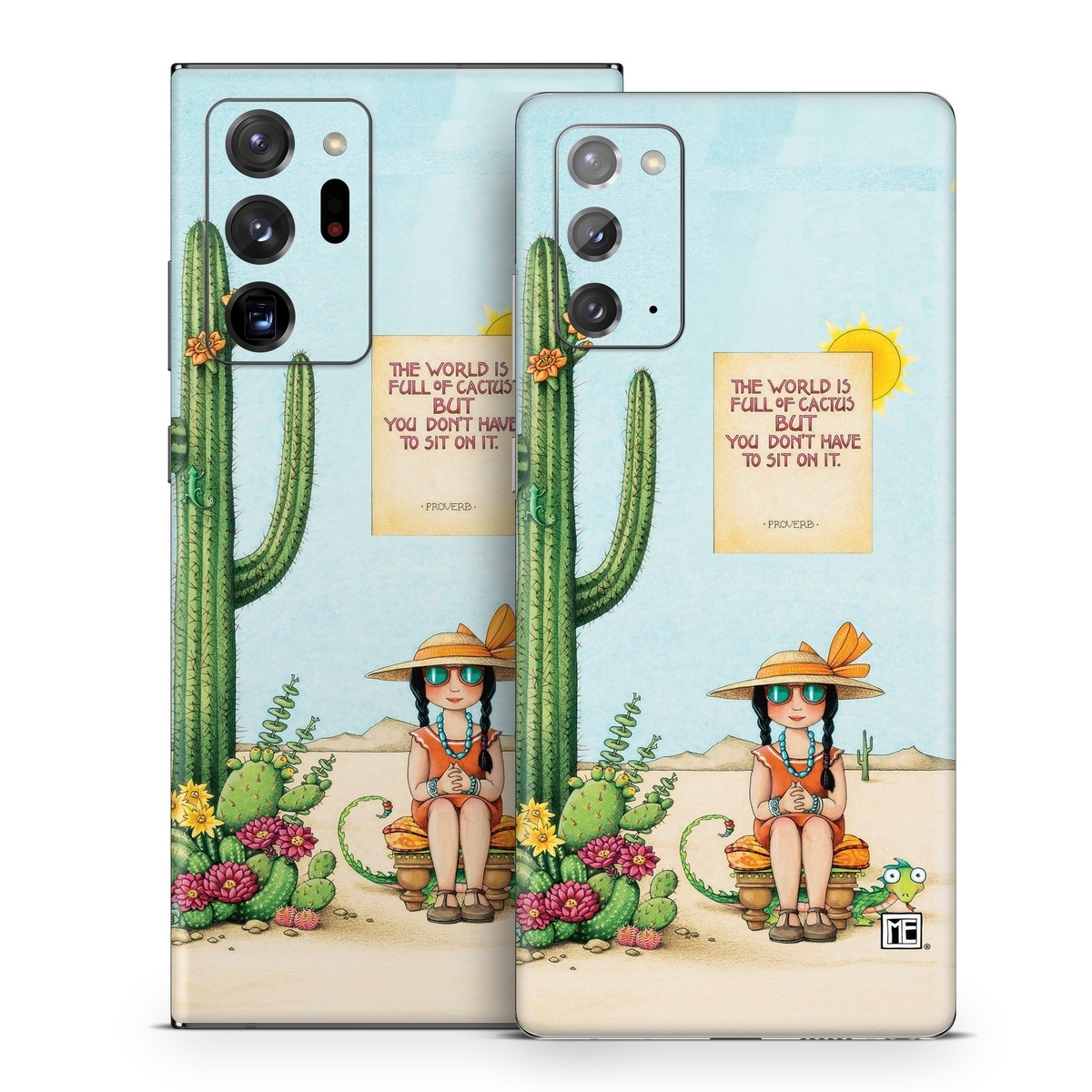 Samsung Galaxy Note 20 Series Skin design of Cartoon, Cactus, Illustration, Animated cartoon, Plant, Vegetable, Fictional character, Art, with green, yellow, pink, orange, brown colors