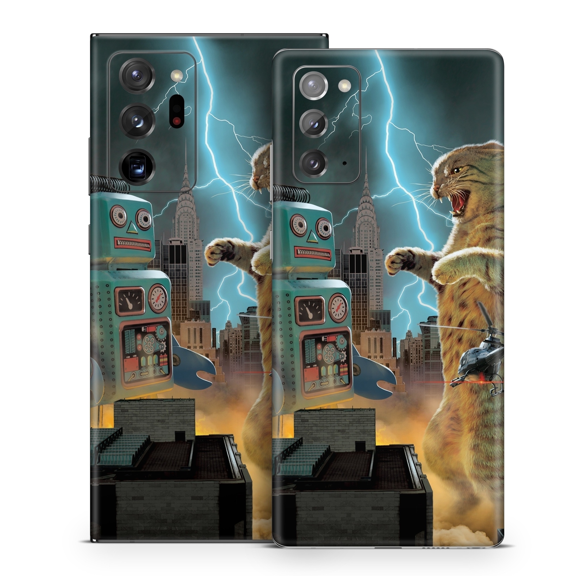 Samsung Galaxy Note 20 Series Skin design of Lightning, Felidae, Carnivore, Art, Whiskers, Big cats, Cg artwork, Terrestrial animal, Small to medium-sized cats, Thunder, with black, blue, red, yellow, white, brown, gray, orange colors