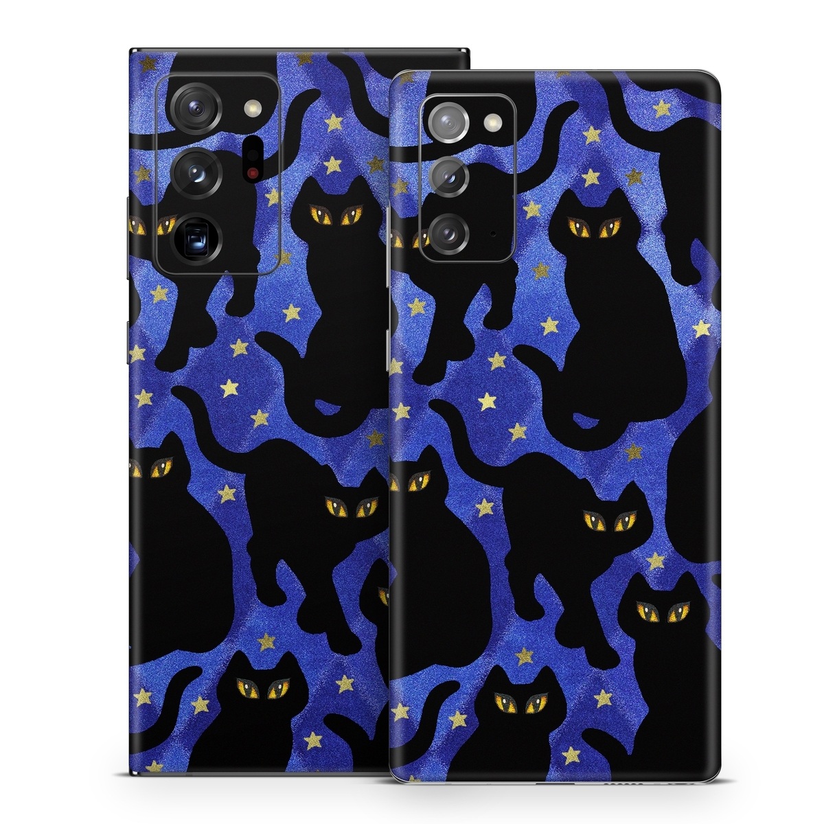 Samsung Galaxy Note 20 Series Skin design of Black cat, Black, Cat, Small to medium-sized cats, Pattern, Felidae, Design, Electric blue, Illustration, Art, with black, blue, purple, yellow colors