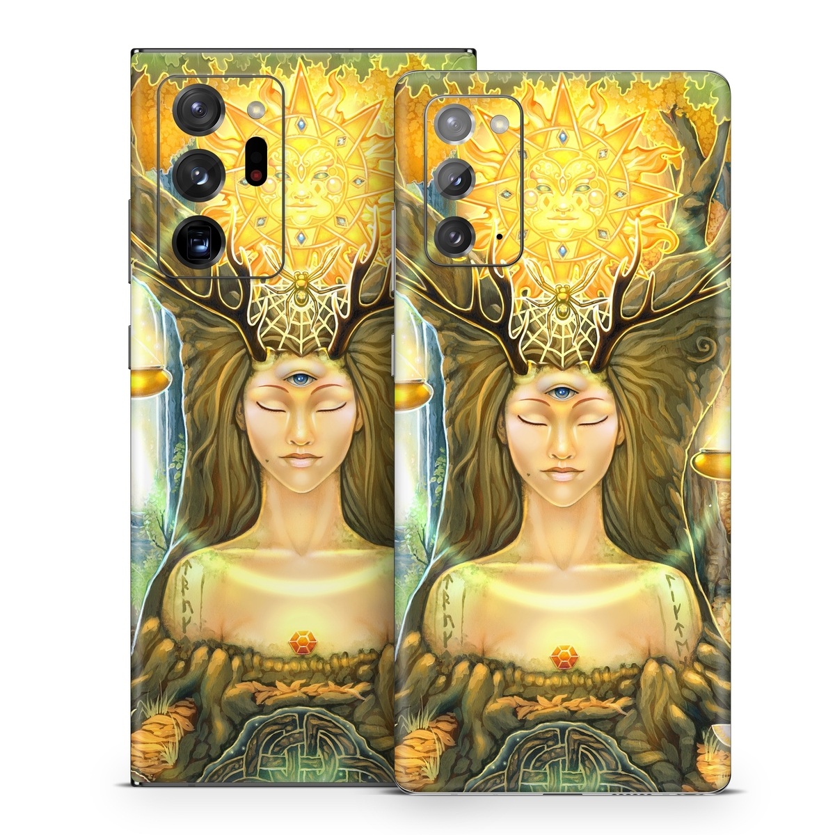 Samsung Galaxy Note 20 Series Skin design of Painting, Art, Illustration, Plant, Fictional character, Mythology, Cg artwork, Visual arts, Glass, Drawing, with yellow, green, brown, pink, orange, black colors