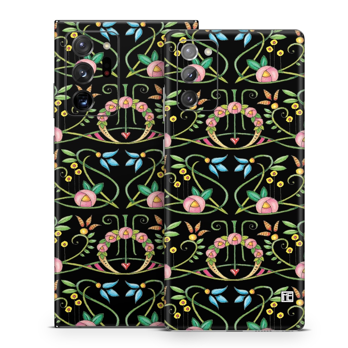Samsung Galaxy Note 20 Series Skin design of Flower, Rectangle, Textile, Ornament, Plant, Line, Motif, Creative arts, Art, Pattern, with black, pink, blue, green, yellow colors