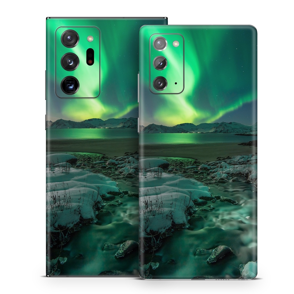 Samsung Galaxy Note 20 Series Skin design of Nature, Aurora, Sky, Geological phenomenon, Water, Atmosphere, Space, Landscape, World, Glacier, with white, green, blue, black, gray colors