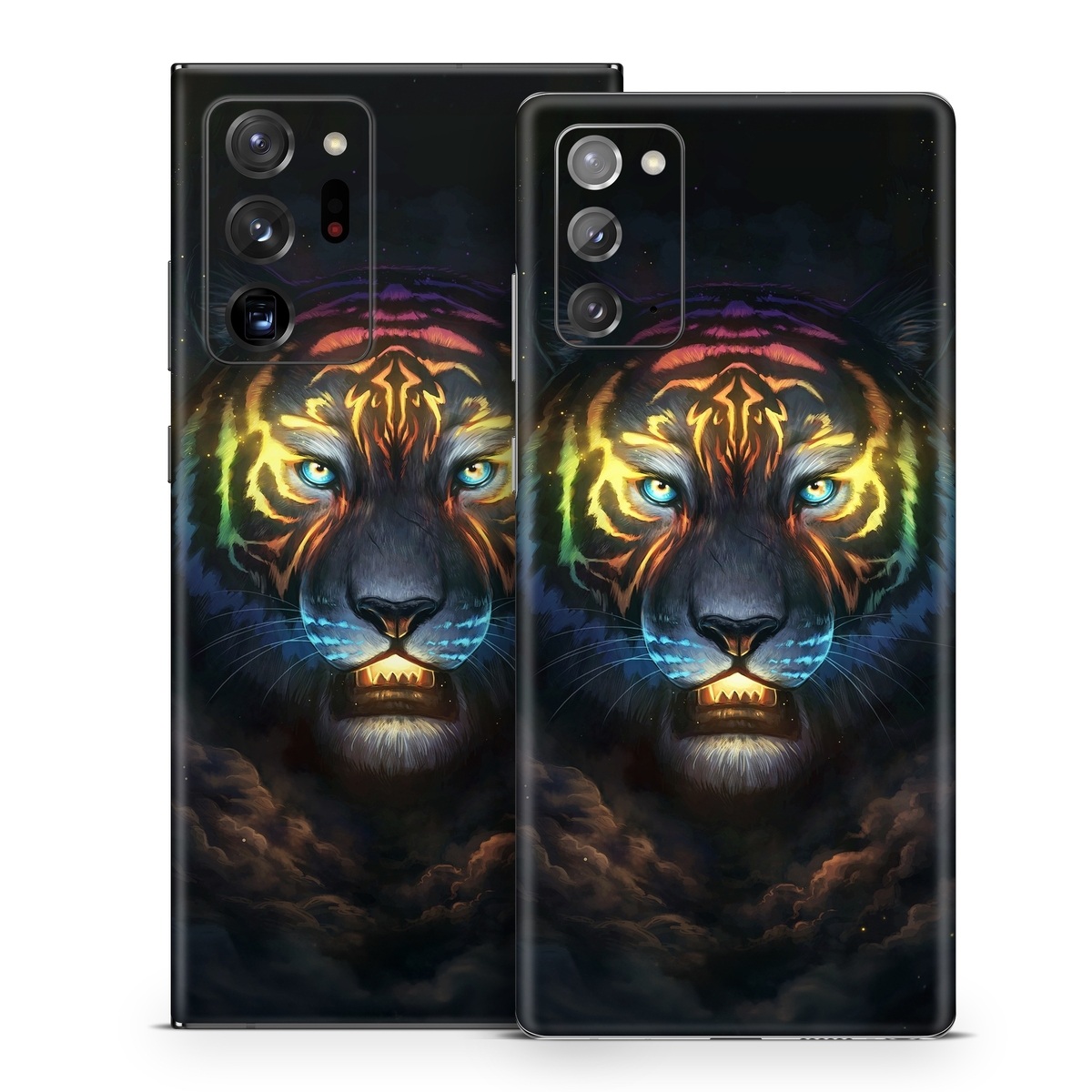 Samsung Galaxy Note 20 Series Skin design of Felidae, Vertebrate, Carnivore, Organism, Painting, Roar, Bengal tiger, Big cats, Art, Whiskers, with black, yellow, orange, red, green, purple, blue colors