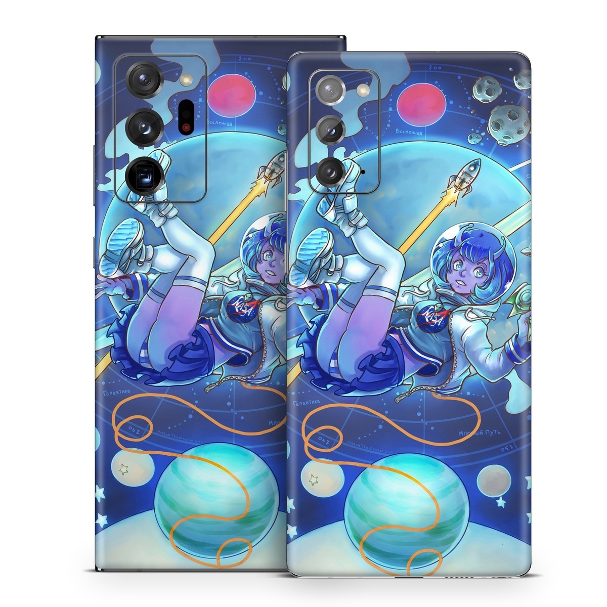 Samsung Galaxy Note 20 Series Skin design of Cartoon, Illustration, Graphic design, Games, Space, Design, Anime, Art, Graphics, Fictional character, with blue, white, yellow, purple, green, red, orange, black colors
