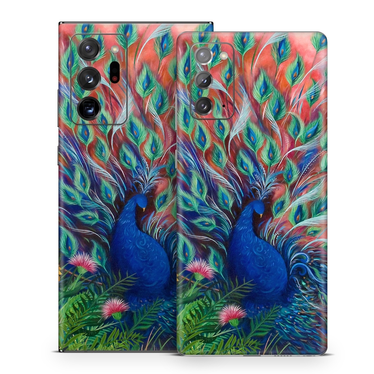 Samsung Galaxy Note 20 Series Skin design of Painting, Acrylic paint, Bird, Child art, Art, Galliformes, Peafowl, Visual arts, Watercolor paint, Plant, with black, red, gray, blue, green colors