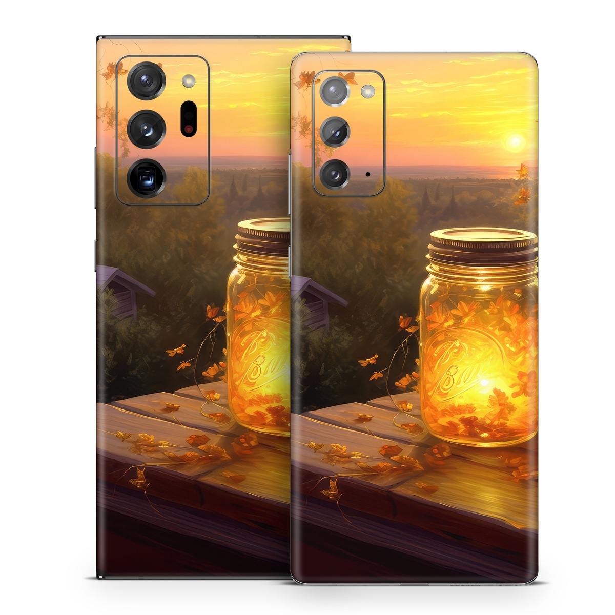 Samsung Galaxy Note 20 Series Skin design of Sky, Plant, Amber, Candle, Wood, Orange, Sunlight, Cloud, Sunset, Heat, with yellow, orange, black, green, gray, red colors