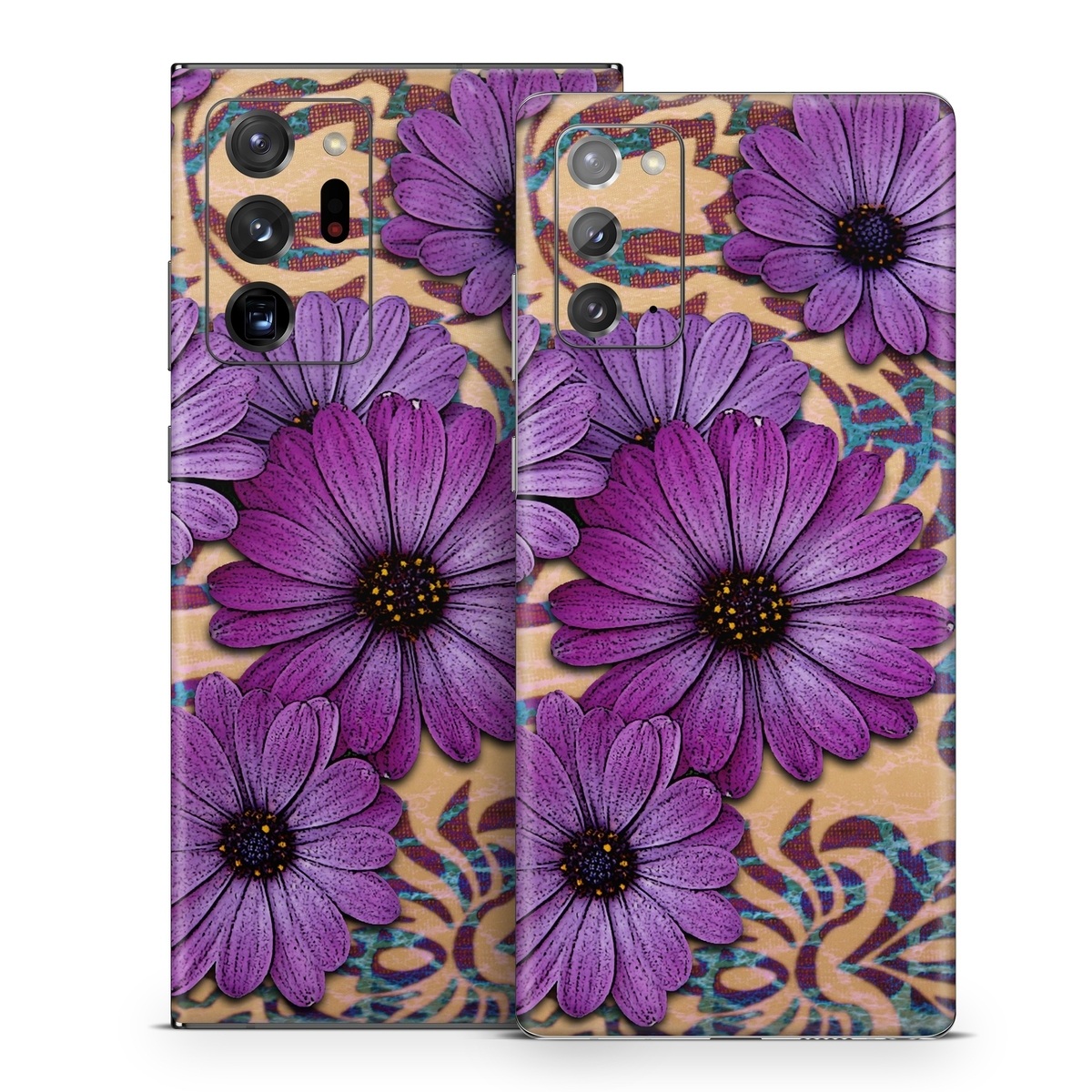 Samsung Galaxy Note 20 Series Skin design of Purple, Flower, Violet, Petal, Plant, african daisy, Floral design, Wildflower, Pattern, Textile, with purple, black, gray, blue, green, red colors