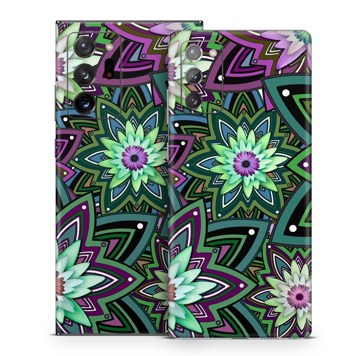 Samsung Galaxy Note 20 Series Skin design of Pattern, Purple, Green, Flower, Psychedelic art, Design, Lilac, Plant, Symmetry, Visual arts, with black, gray, green, purple, blue, red colors