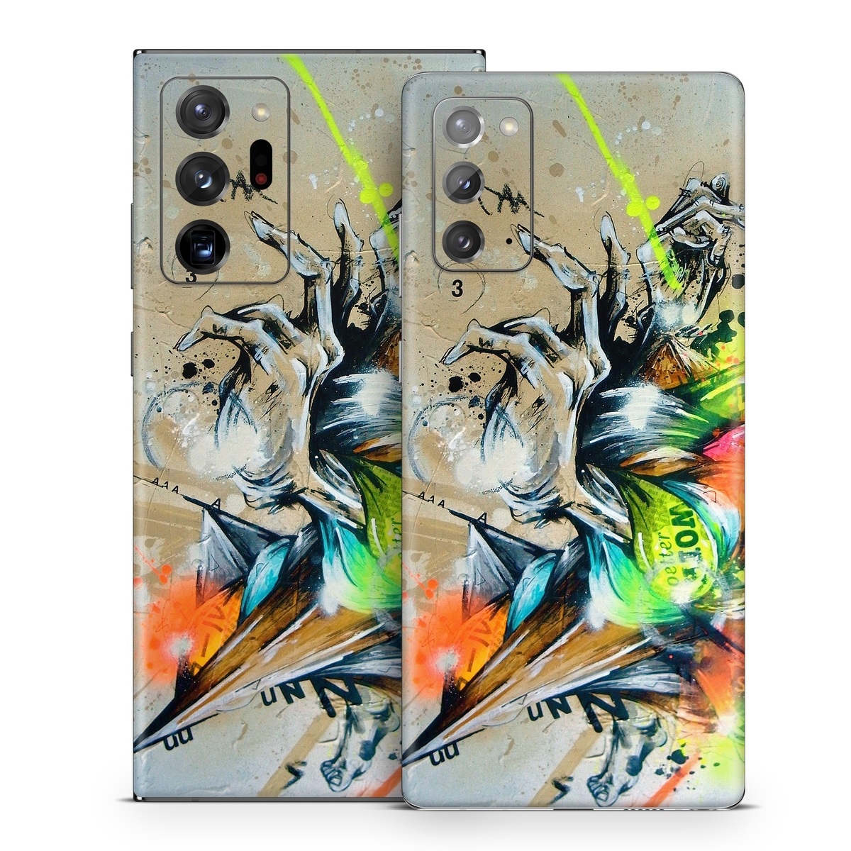 Samsung Galaxy Note 20 Series Skin design of Graphic design, Art, Illustration, Fictional character, Visual arts, Graphics, Painting, Watercolor paint, Modern art, Games, with gray, black, green, red, orange, pink colors