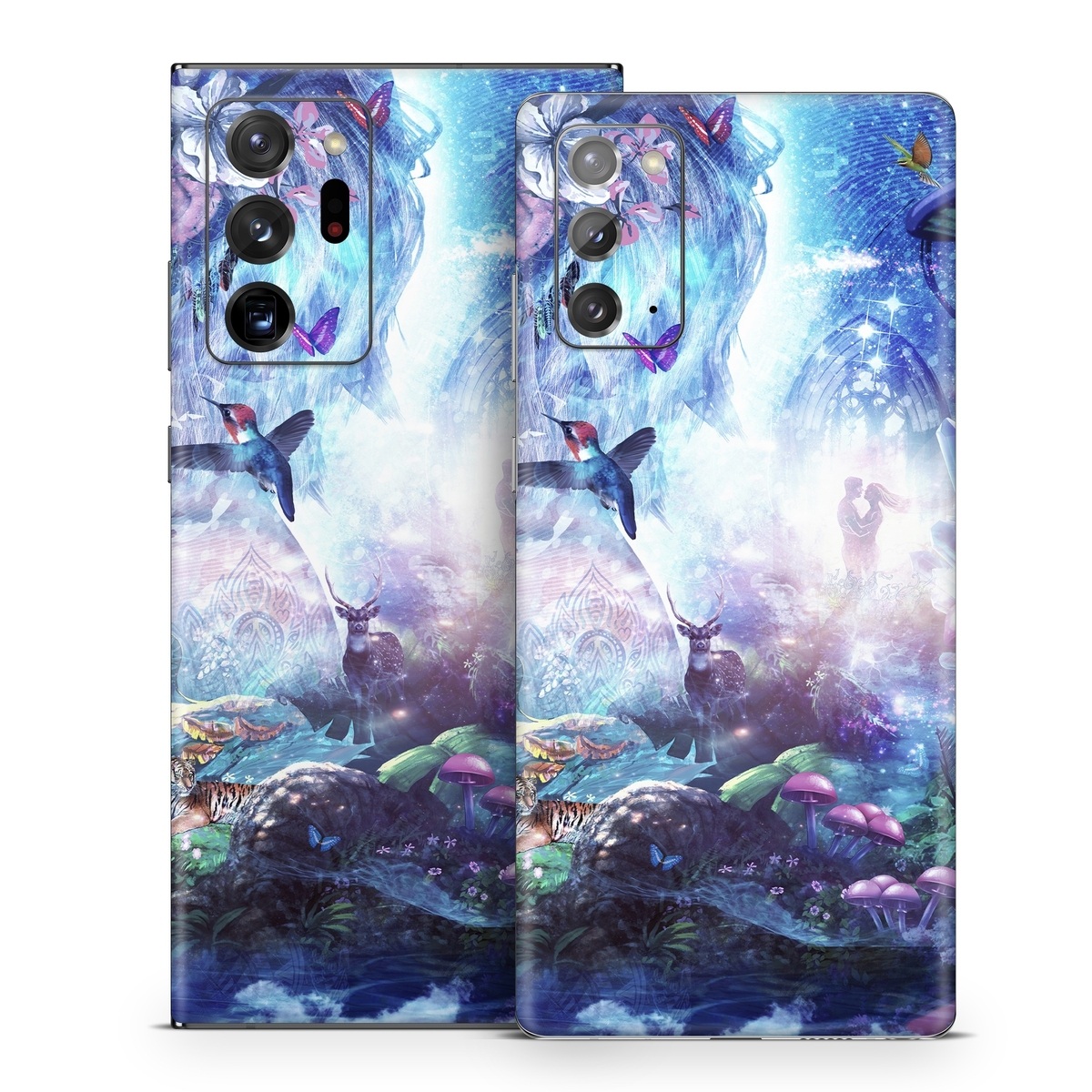 Samsung Galaxy Note 20 Series Skin design of Man, Woman, Fictional Character, Mythology, Bird, Wing, Mythical Creature, Deer, Tiger, Mushrooms, Butterfly, with white, blue, green, red, yellow, black, purple, gray colors