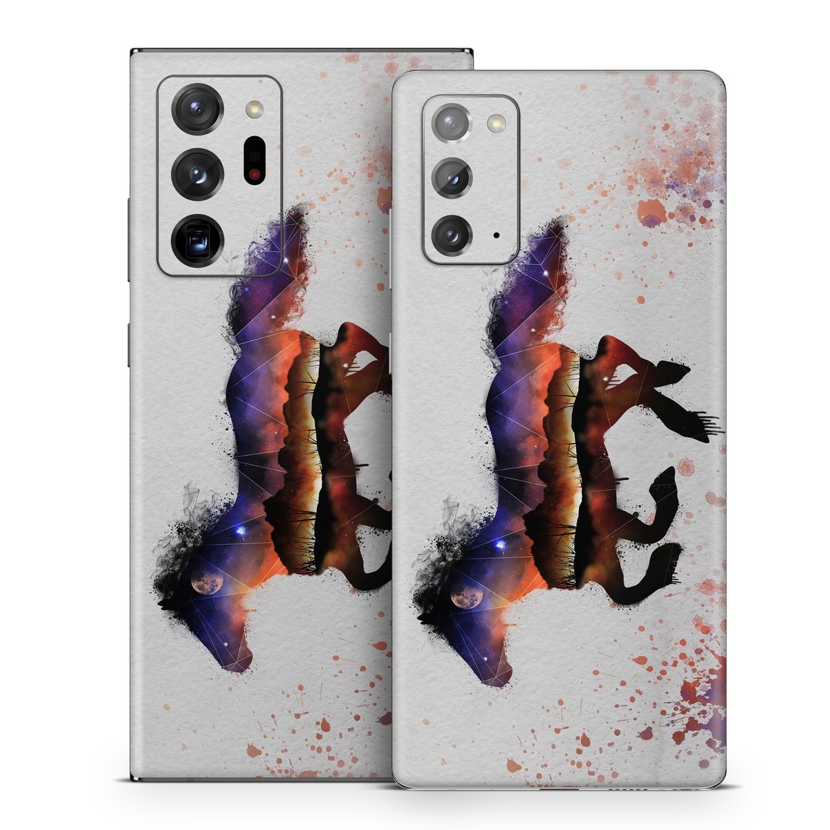 Samsung Galaxy Note 20 Series Skin design of Watercolor paint, Illustration, Art, Horse, Paint, Drawing, Graphic design, Painting, Visual arts, Mustang horse, with gray, white, purple, red, yellow, black, orange colors