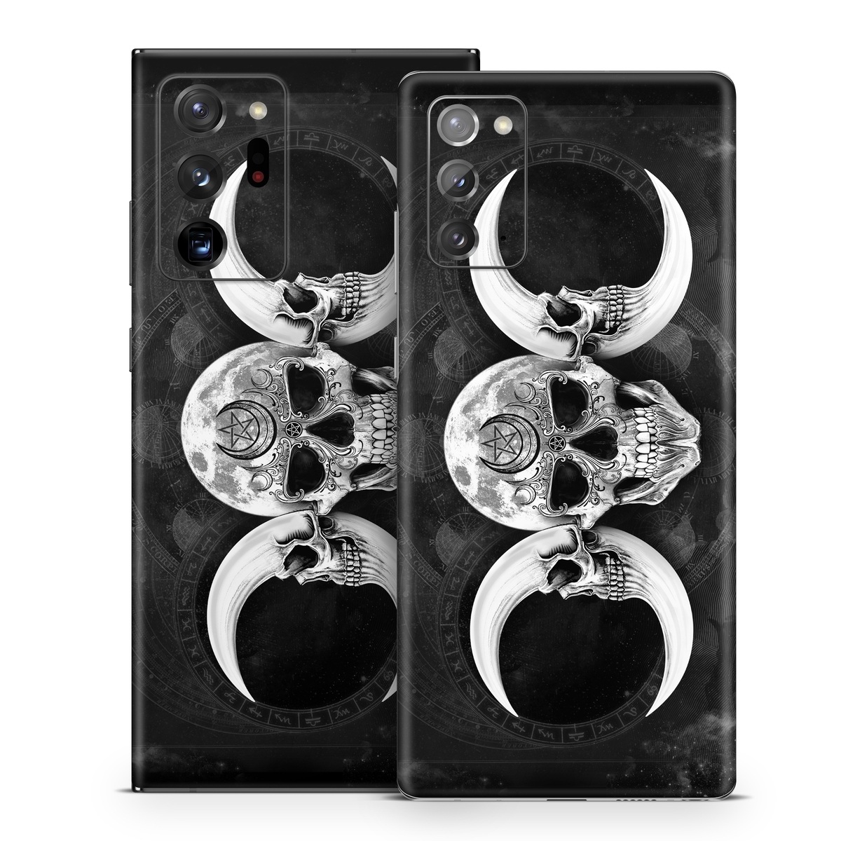Samsung Galaxy Note 20 Series Skin design of Bone, Skull, Darkness, Monochrome, Black-and-white, Circle, Symmetry, Visual Arts, Illustration, Skeleton, Drawing, with black, white, gray colors