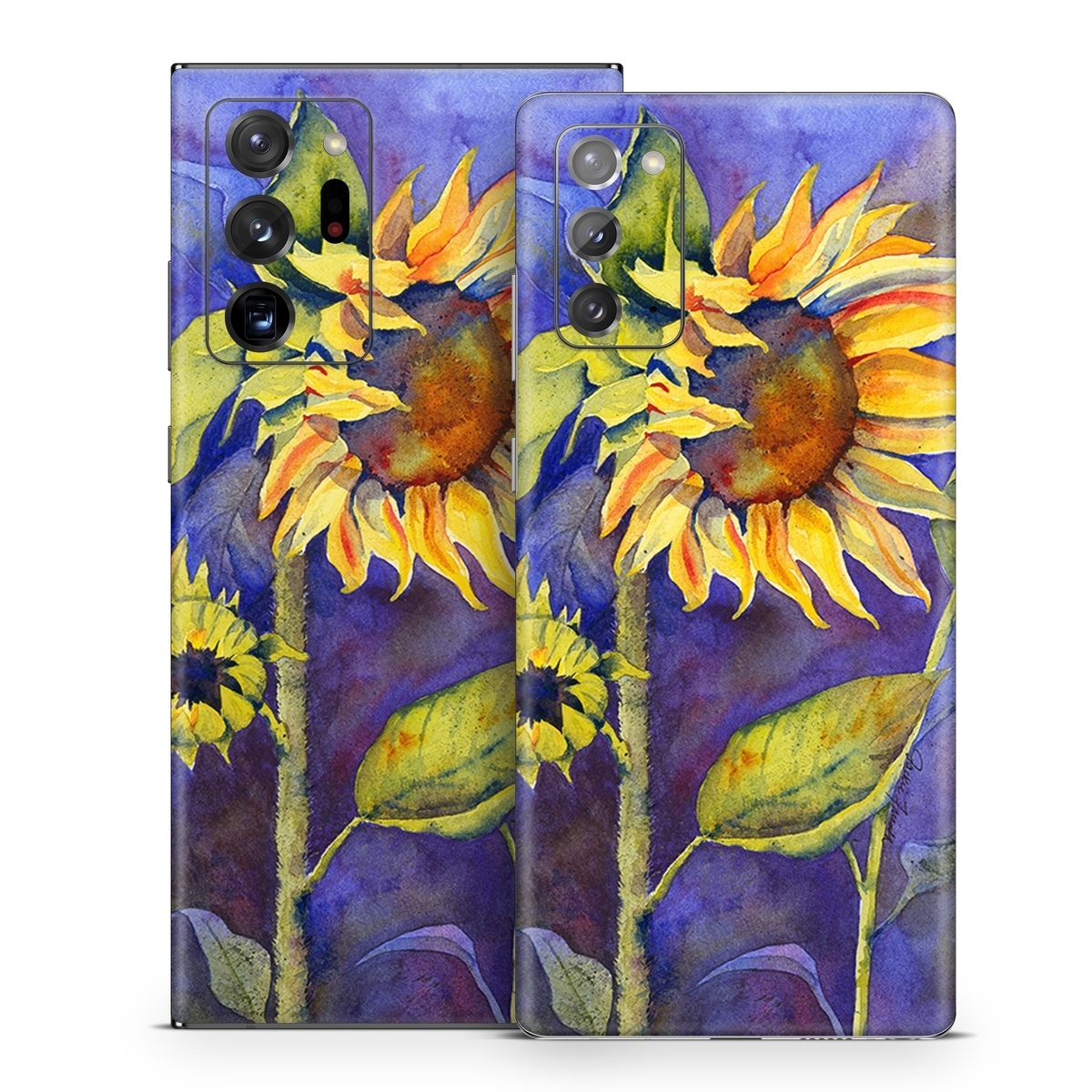 Samsung Galaxy Note 20 Series Skin design of Flower, Sunflower, Painting, sunflower, Watercolor paint, Plant, Flowering plant, Yellow, Acrylic paint, Still life, with green, black, blue, gray, red, orange colors