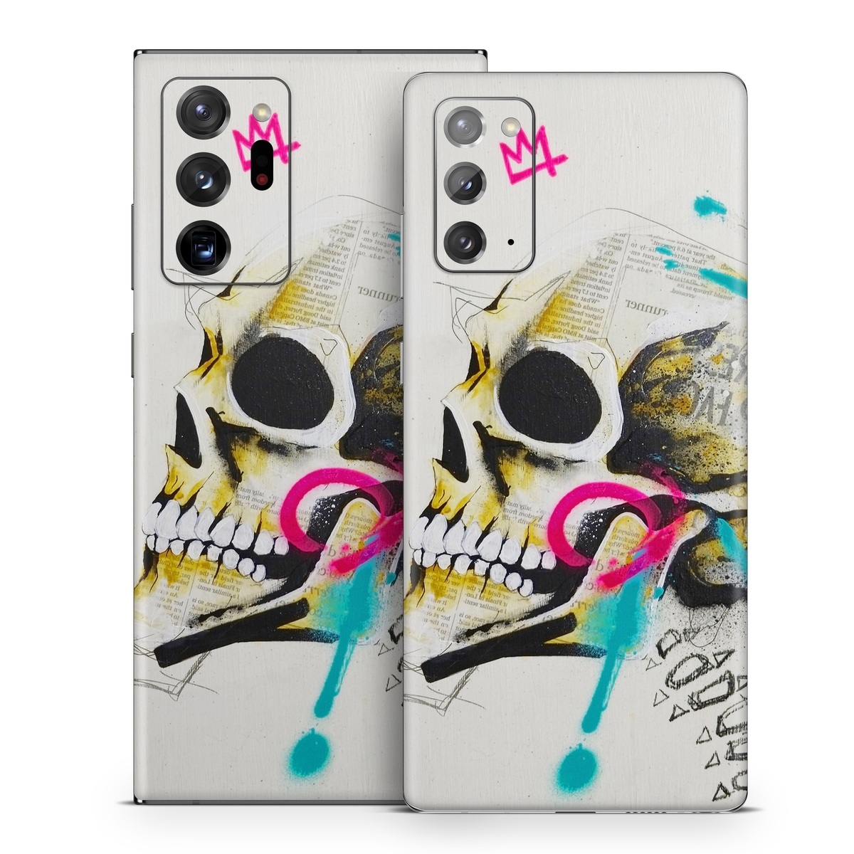 Samsung Galaxy Note 20 Series Skin design of Graphic design, Skull, Illustration, Art, Bone, Drawing, Visual arts, Font, Modern art, Street art, with blue, pink, yellow, black colors