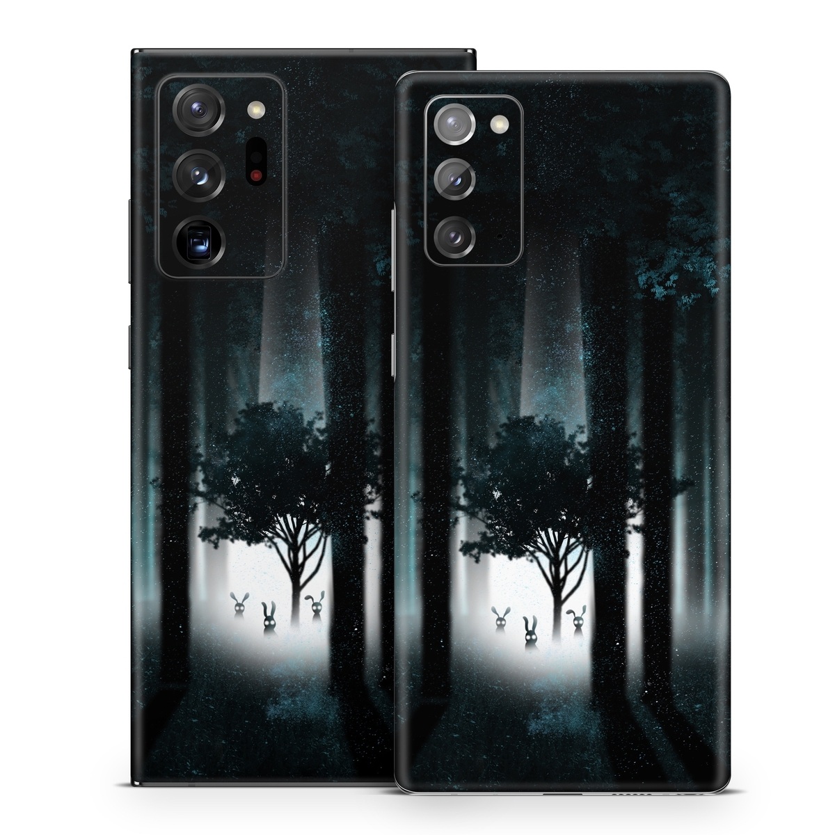 Samsung Galaxy Note 20 Series Skin design of Darkness, Black, Nature, Tree, Natural environment, Forest, Atmosphere, Atmospheric phenomenon, Light, Natural landscape, with black, blue, white colors