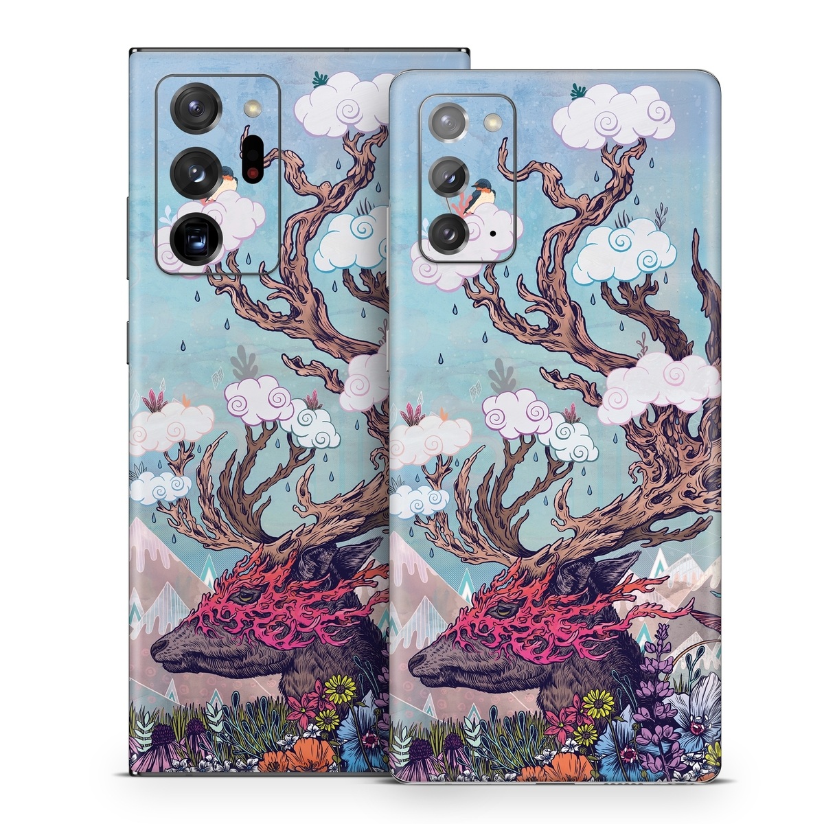 Samsung Galaxy Note 20 Series Skin design of Illustration, Tree, Watercolor paint, Painting, Art, Plant, Acrylic paint, Fictional character, Flower, Blossom, with gray, black, red, purple, blue colors