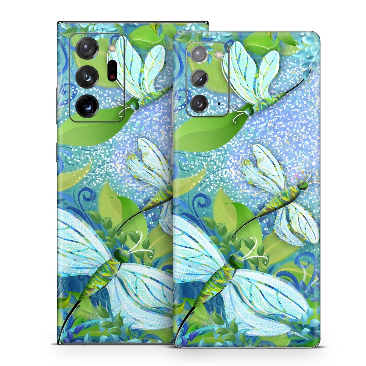Samsung Galaxy Note 20 Series Skin design of Green, Blue, Leaf, Plant, Pattern, Tree, Design, Organism, Branch, Flower, with gray, blue, green, purple colors