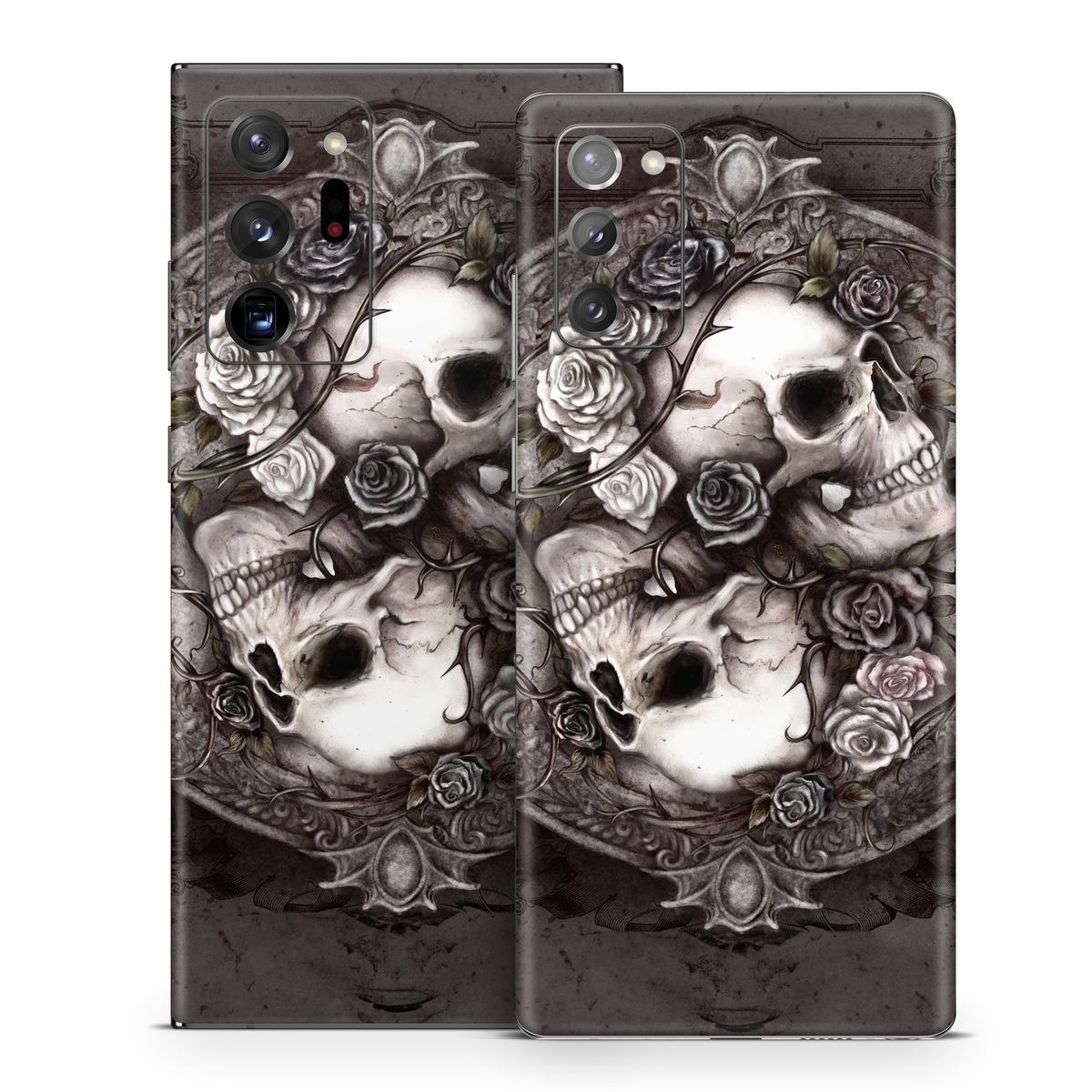 Samsung Galaxy Note 20 Series Skin design of Skull, Bone, Illustration, Font, Still life photography, Photography, Still life, Art, Monochrome, Circle, with black, white, brown, pink colors