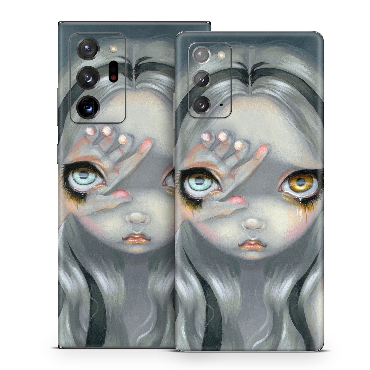 Samsung Galaxy Note 20 Series Skin design of Face, Head, Cg artwork, Eye, Illustration, Organ, Fictional character, Art, Iris, Darkness, with black, gray, blue, green colors