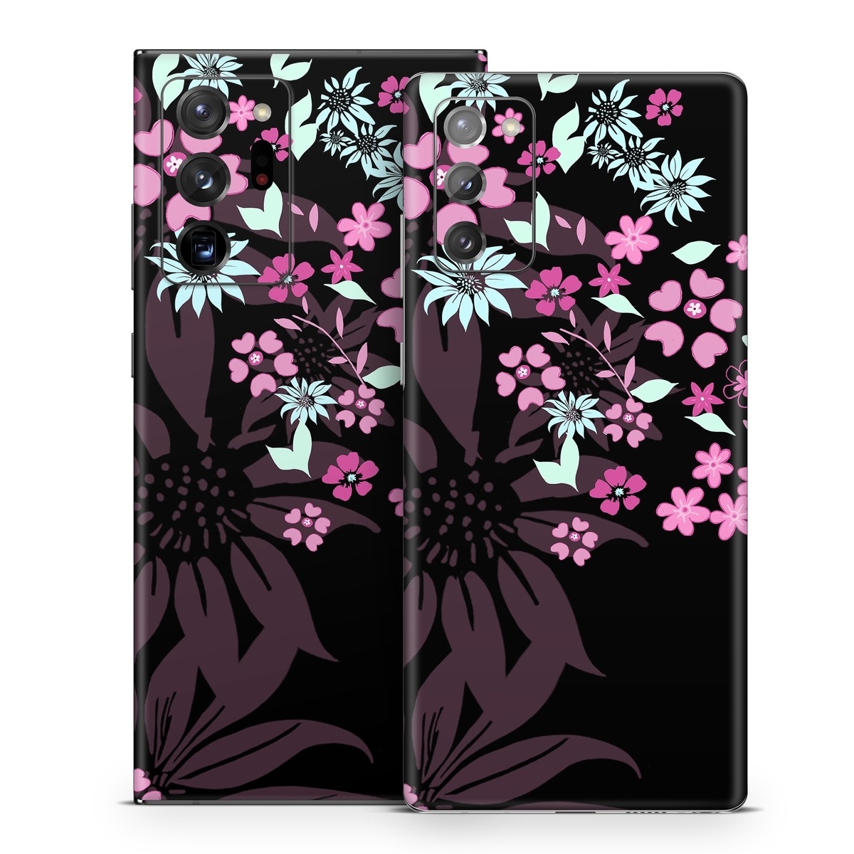 Samsung Galaxy Note 20 Series Skin design of Pink, Pattern, Flower, Plant, Botany, Petal, Floral design, Design, Pedicel, Graphic design, with black, gray, purple, green, red, pink colors