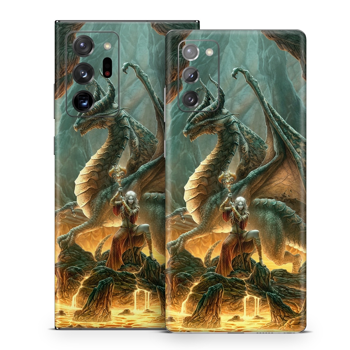 Samsung Galaxy Note 20 Series Skin design of Dragon, Cg artwork, Mythology, Fictional character, Mythical creature, Art, Illustration, Cryptid, Sculpture, Demon, with black, green, red, gray, blue colors