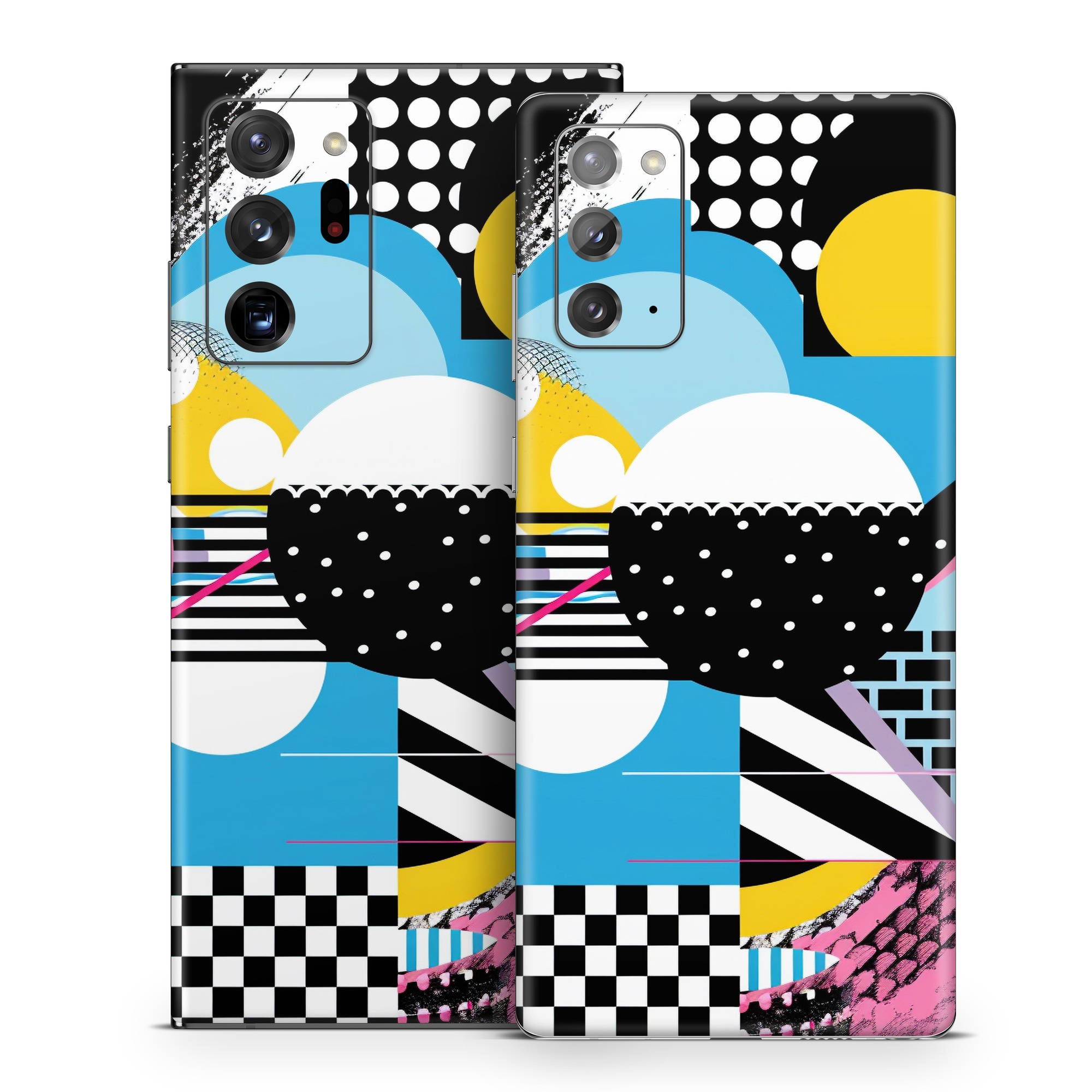 Samsung Galaxy Note 20 Series Skin design of White, Yellow, Art, Font, Pattern, Circle, Design, Creative arts, Graphics, Electric blue, with blue, pink, white, black, yellow colors