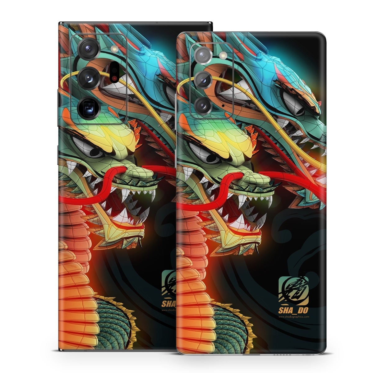 Samsung Galaxy Note 20 Series Skin design of Dragon, Fictional character, Illustration, Art, Cg artwork, Fiction, Mythical creature, Graphics, with black, green, red, yellow, orange colors