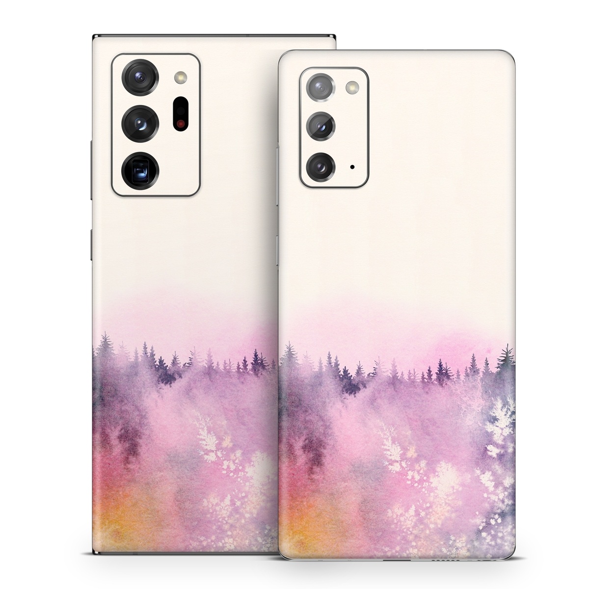 Samsung Galaxy Note 20 Series Skin design of Watercolor paint, Sky, Atmospheric phenomenon, Tree, Atmosphere, Cloud, Landscape, Forest, Painting, Illustration, with white, yellow, pink, purple, blue, black colors