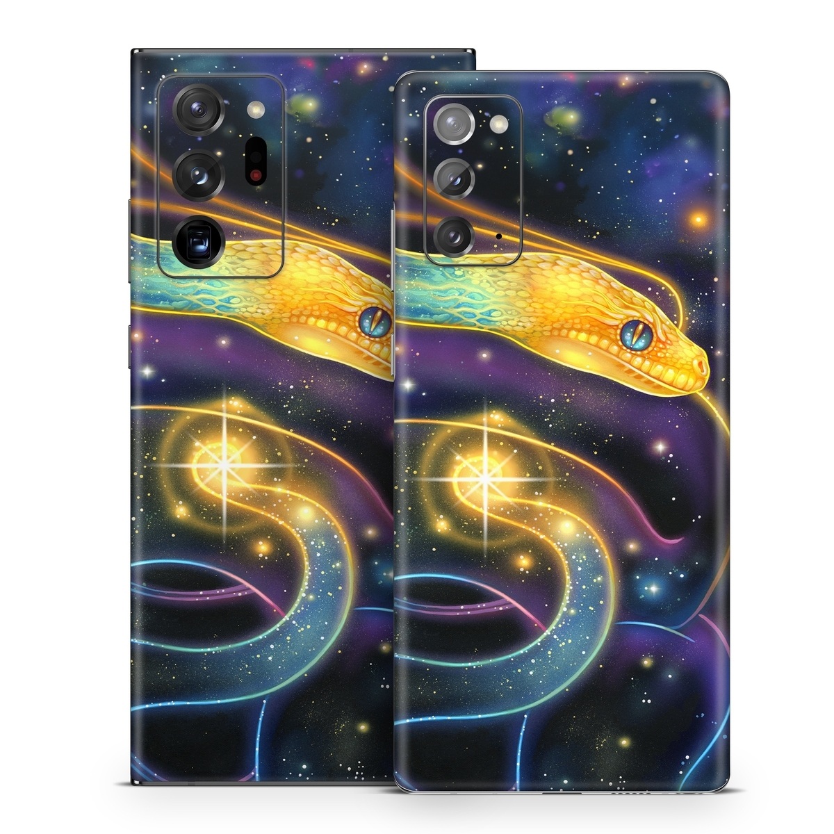 Samsung Galaxy Note 20 Series Skin design of Atmosphere, Light, Organism, Art, Font, Astronomical object, Galaxy, Star, Science, Nebula, with black, white, yellow, orange, green, purple colors