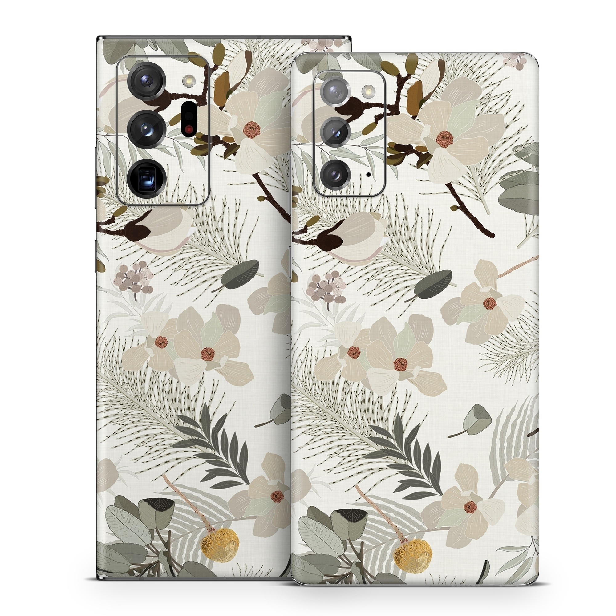 Samsung Galaxy Note 20 Series Skin design of Branch, Botany, Twig, Plant, Textile, Organism, Art, Creative arts, Pattern, Tints and shades, with white, green, yellow, brown, gray colors
