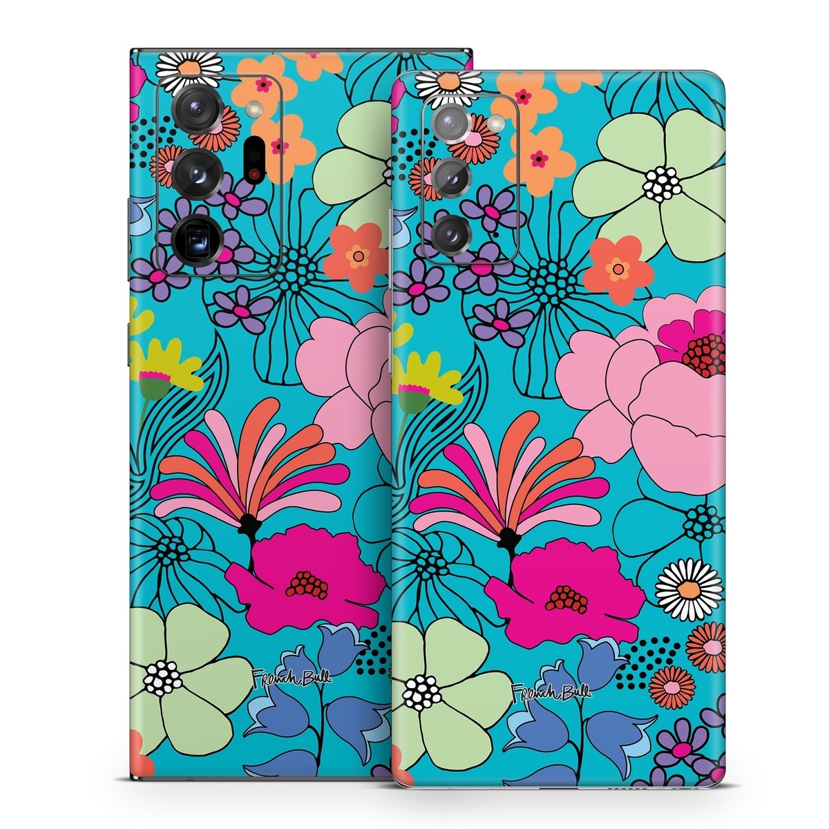 Samsung Galaxy Note 20 Series Skin design of Flower, Green, Azure, Nature, Botany, Petal, Blue, Textile, Pink, Art, with blue, pink, yellow, orange, red, purple, green colors