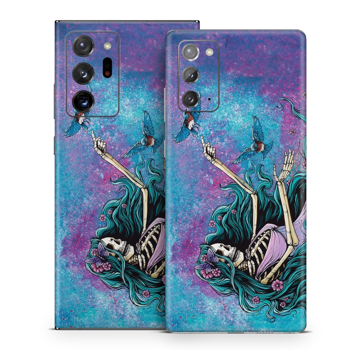 Samsung Galaxy Note 20 Series Skin design of Green, Purple, Painting, Paint, Art, Cg artwork, Mythical creature, Musical instrument, Graffiti, Artist, with blue, purple, white, gray, brown colors