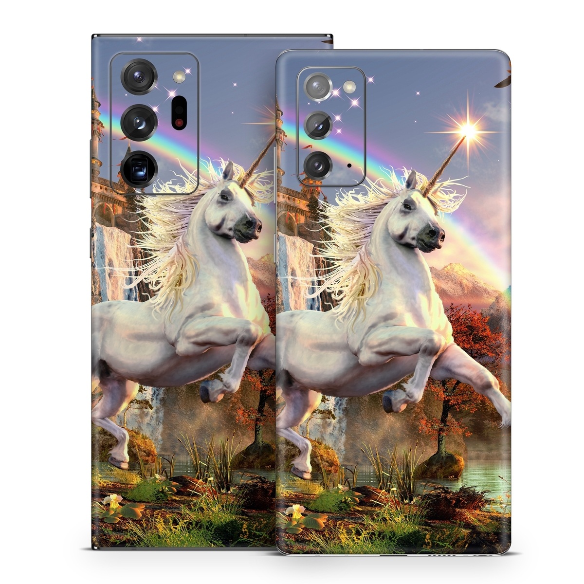 Samsung Galaxy Note 20 Series Skin design of Nature, Unicorn, Fictional character, Sky, Mythical creature, Mythology, Cg artwork, Horse, Mane, Wildlife, with black, gray, red, green, blue colors