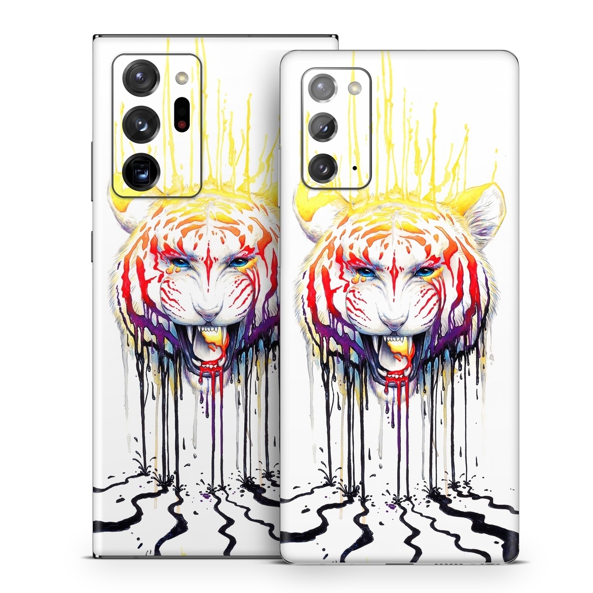Samsung Galaxy Note 20 Series Skin design of Jaw, Roar, Organism, Gesture, Art, Font, Felidae, Painting, Illustration, Drawing, with white, black, yellow, red, orange, purple colors