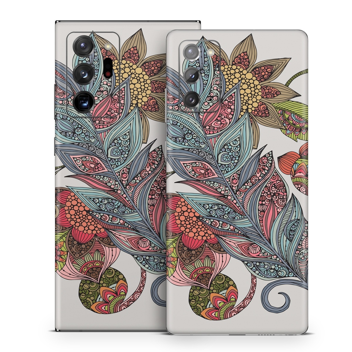 Samsung Galaxy Note 20 Series Skin design of Botany, Plant, Leaf, Pattern, Flower, Illustration, Design, Motif, Protea family, Flowering plant, with green, blue, pink, red, yellow, orange, gray, brown colors