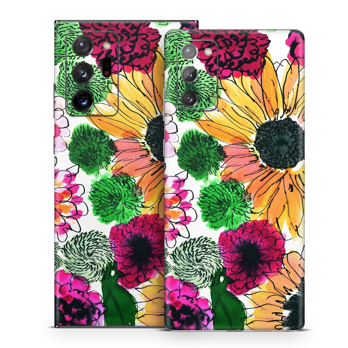 Samsung Galaxy Note 20 Series Skin design of Flower, Floral design, Plant, Gazania, african daisy, Petal, Pattern, Botany, Wildflower, Design, with red, yellow, green, pink, black colors