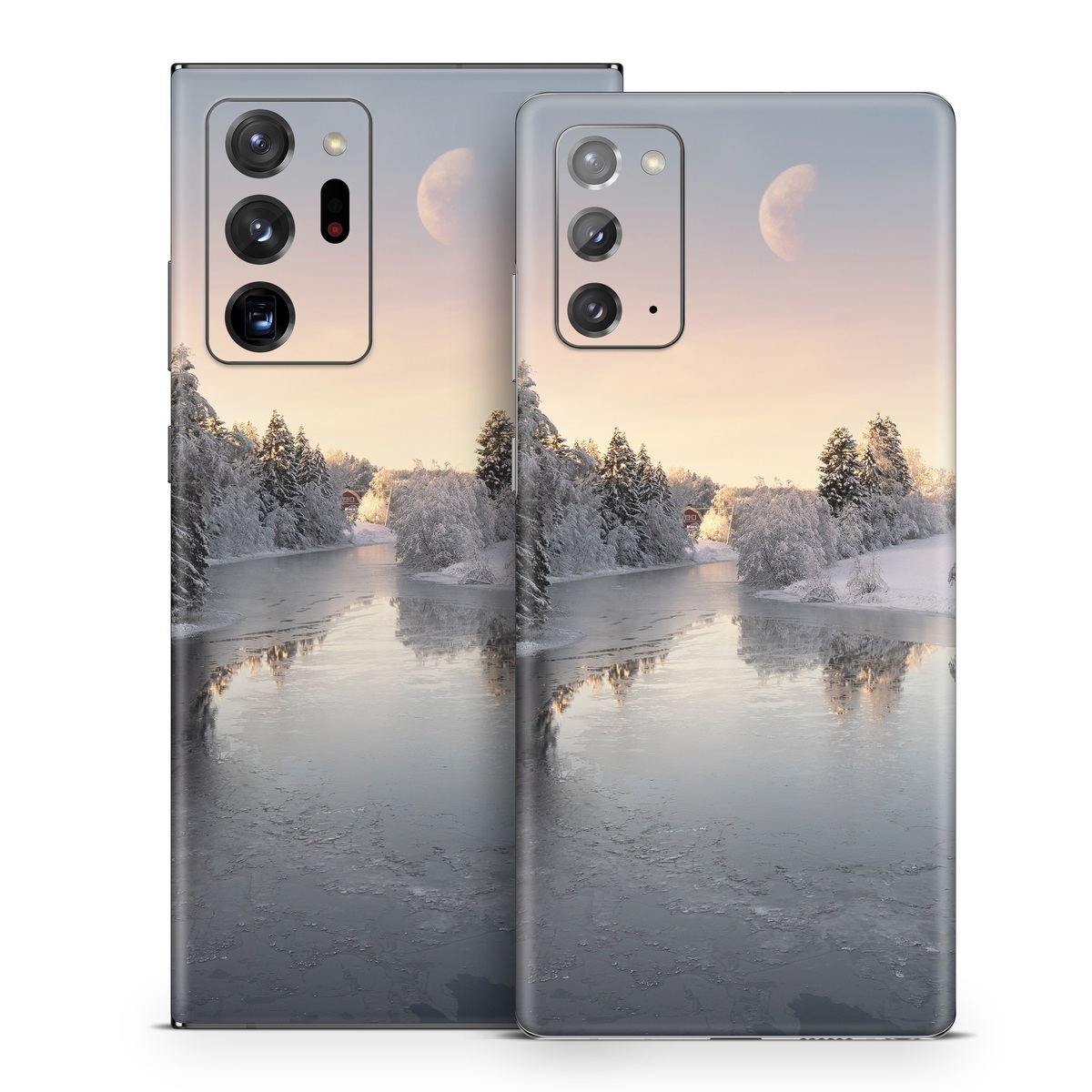 Samsung Galaxy Note 20 Series Skin design of Water, Cloud, Sky, Atmosphere, Water resources, Tree, Natural landscape, Moon, Snow, Dusk, with blue, black, yellow, orange, white colors