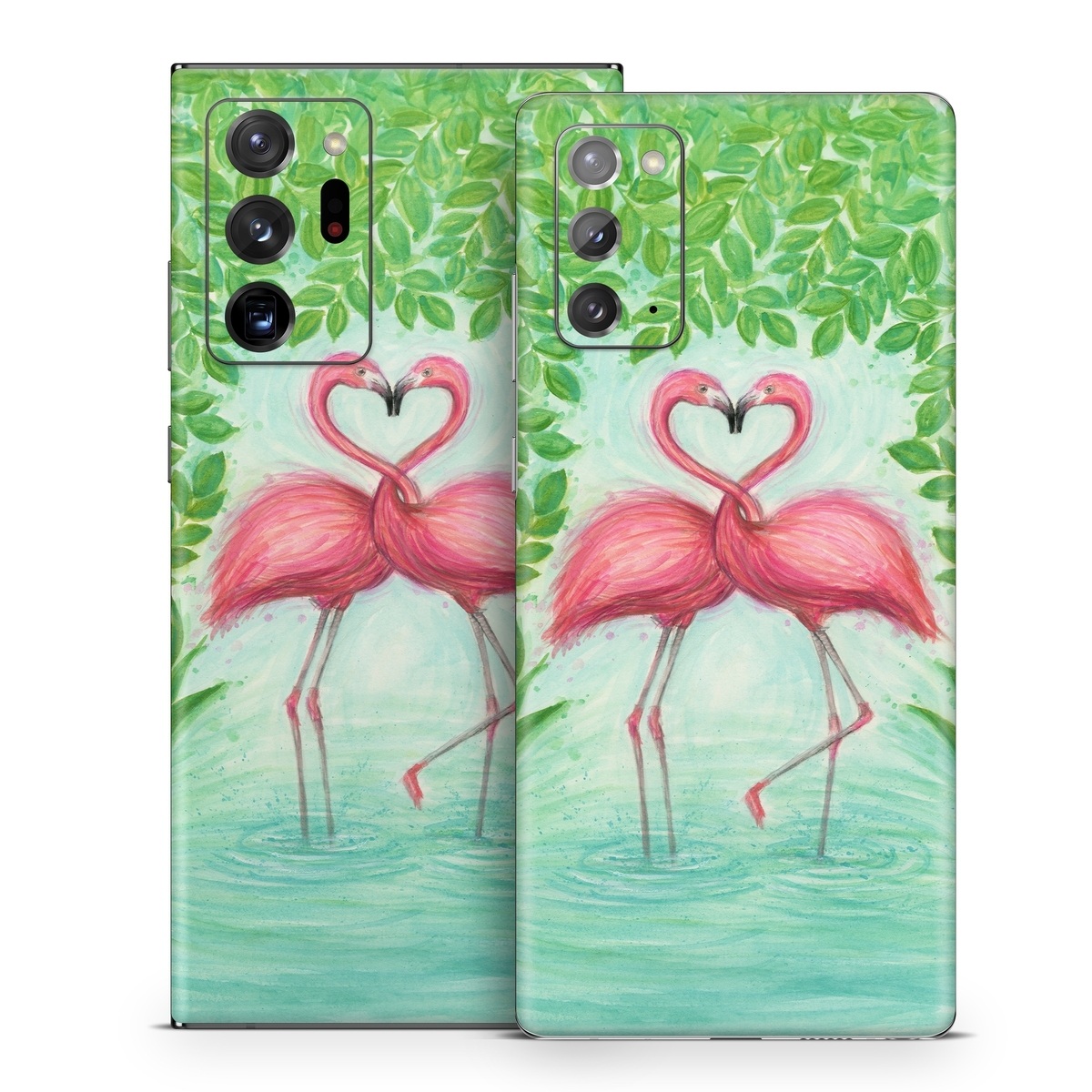 Samsung Galaxy Note 20 Series Skin design of Flamingo, Greater flamingo, Bird, Water bird, Pink, Illustration, Watercolor paint, Organism, Drawing, Stork, with pink, blue, green colors