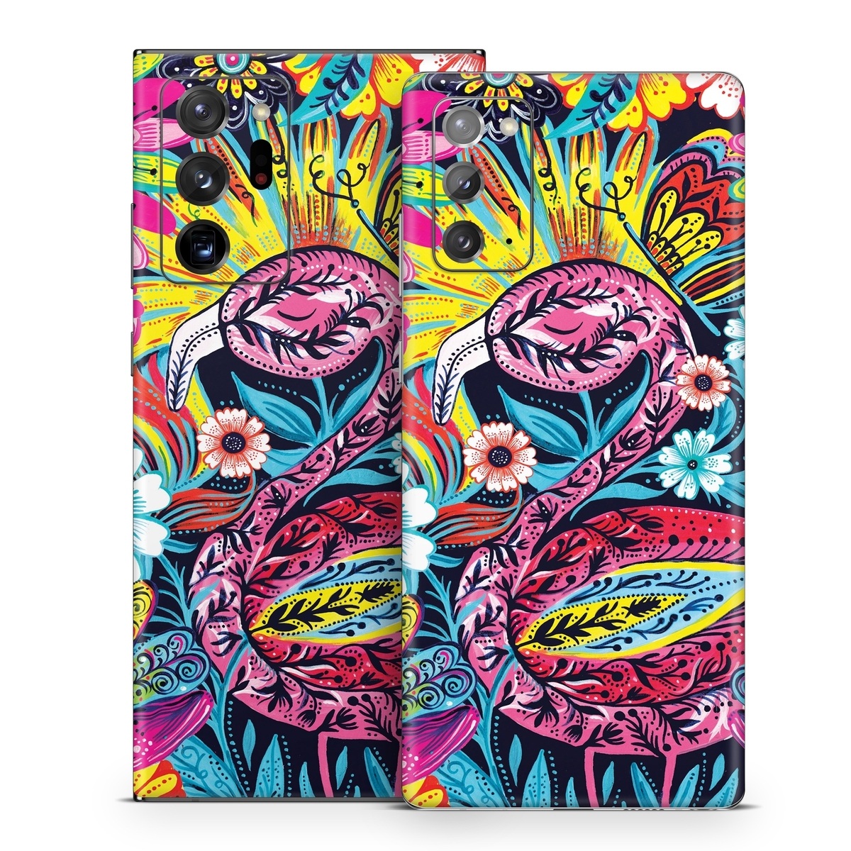 Samsung Galaxy Note 20 Series Skin design of Psychedelic art, Pattern, Visual arts, Art, Design, Textile, Illustration, Plant, Graphic design, Drawing, with pink, yellow, black, blue, white colors