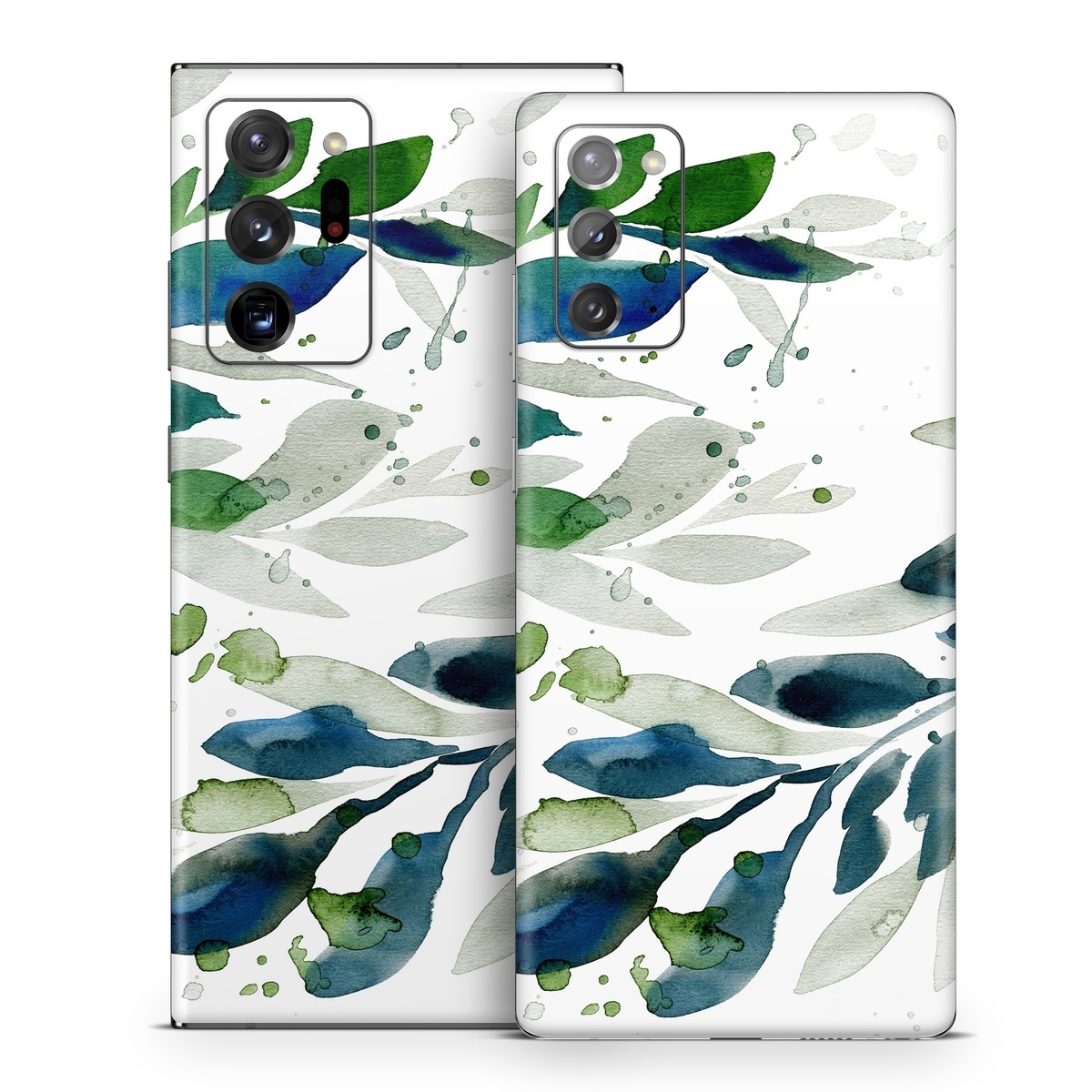 Samsung Galaxy Note 20 Series Skin design of Leaf, Branch, Plant, Tree, Botany, Flower, Design, Eucalyptus, Pattern, Watercolor paint, with white, blue, green, gray colors