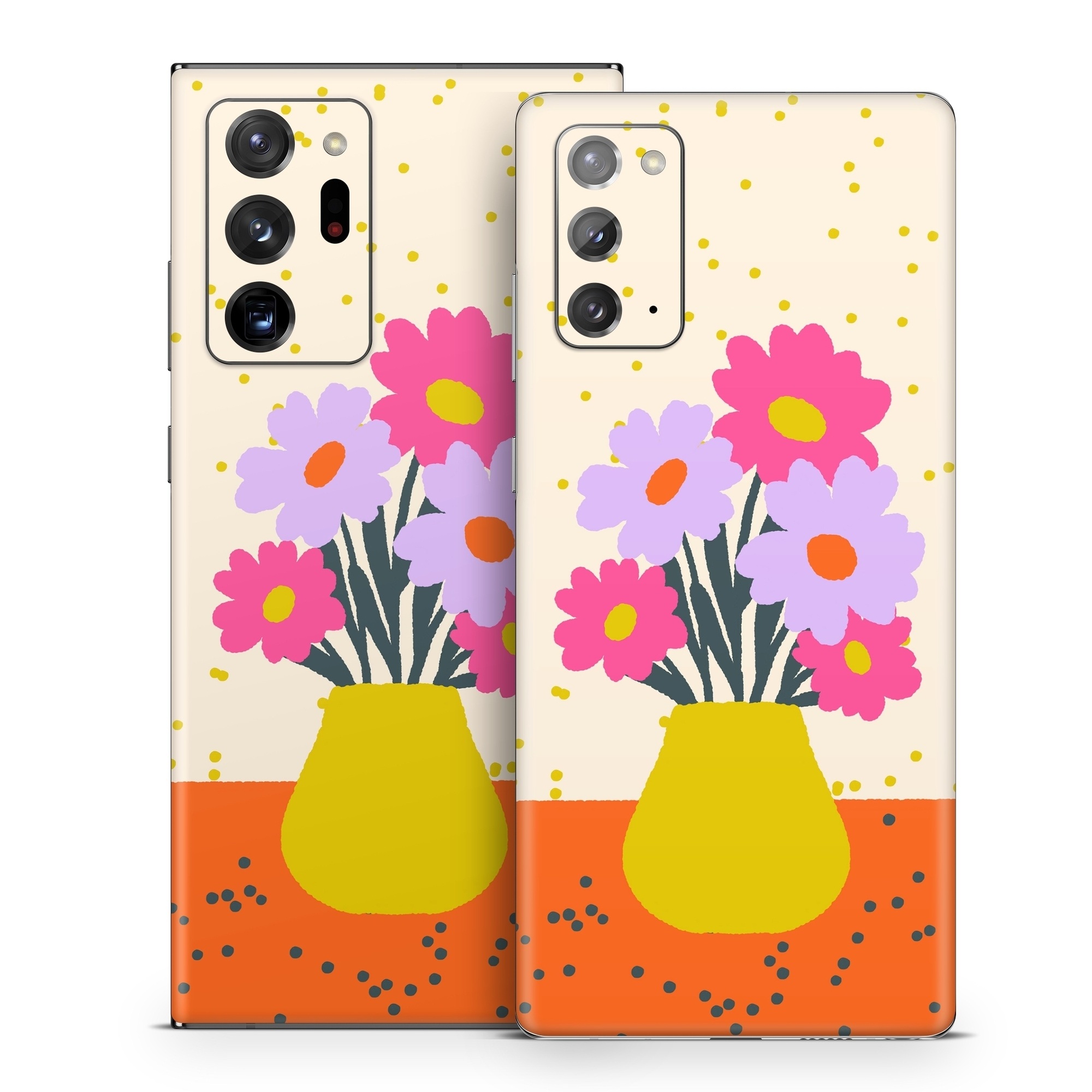 Samsung Galaxy Note 20 Series Skin design of Flower, Plant, Vase, Flowerpot, Petal, Happy, People in nature, Liquid, Font, Art, with white, orange, pink, purple, yellow colors
