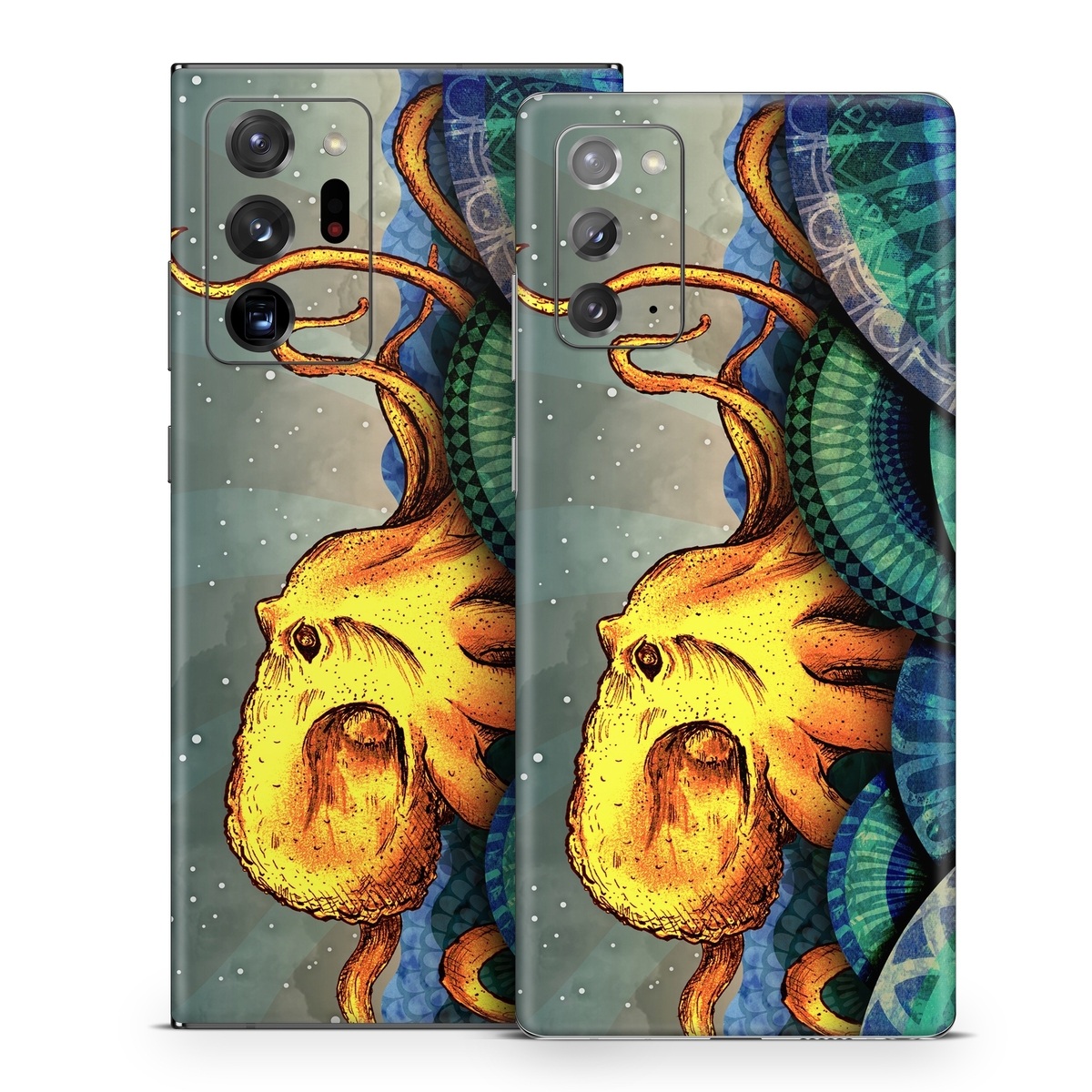 Samsung Galaxy Note 20 Series Skin design of Illustration, Fractal art, Art, Cg artwork, Sky, Organism, Psychedelic art, Graphic design, Graphics, Octopus, with black, gray, blue, green, red colors