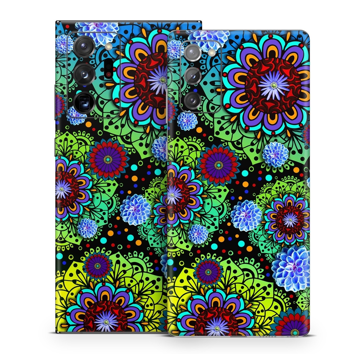 Samsung Galaxy Note 20 Series Skin design of Pattern, Psychedelic art, Design, Flower, Art, Visual arts, Floral design, Plant, Textile, Symmetry, with black, blue, green, purple colors