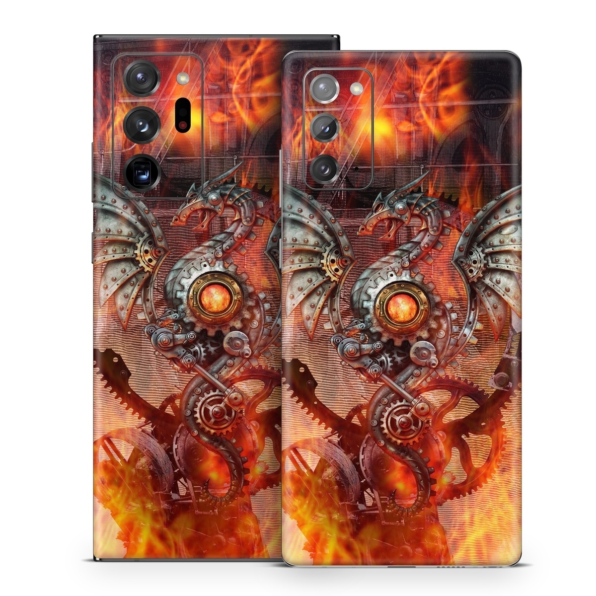 Samsung Galaxy Note 20 Series Skin design of Dragon, Demon, Cg artwork, Illustration, Fictional character, Fractal art, Flame, Art, Mythology, Supernatural creature, with red, black, orange, pink, green colors