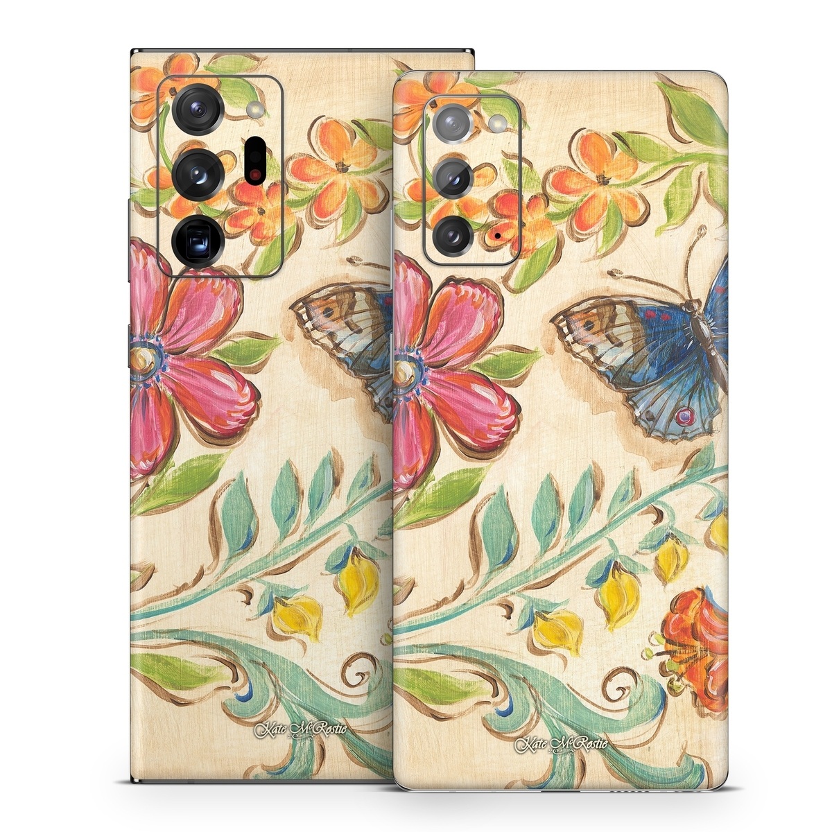 Samsung Galaxy Note 20 Series Skin design of Butterfly, Moths and butterflies, Insect, Pollinator, Plant, Pattern, Watercolor paint, Wildflower, Visual arts, Brush-footed butterfly, with gray, pink, green, red, orange, blue colors
