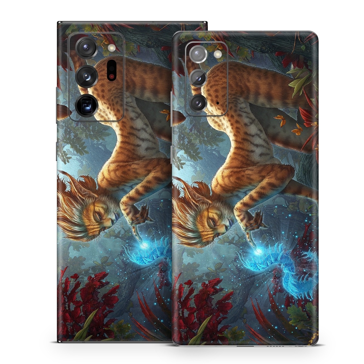 Samsung Galaxy Note 20 Series Skin design of Fictional character, Mythology, Illustration, Cg artwork, Sky, Organism, Dragon, Felidae, Mythical creature, Art, with yellow, red, black, green, blue colors