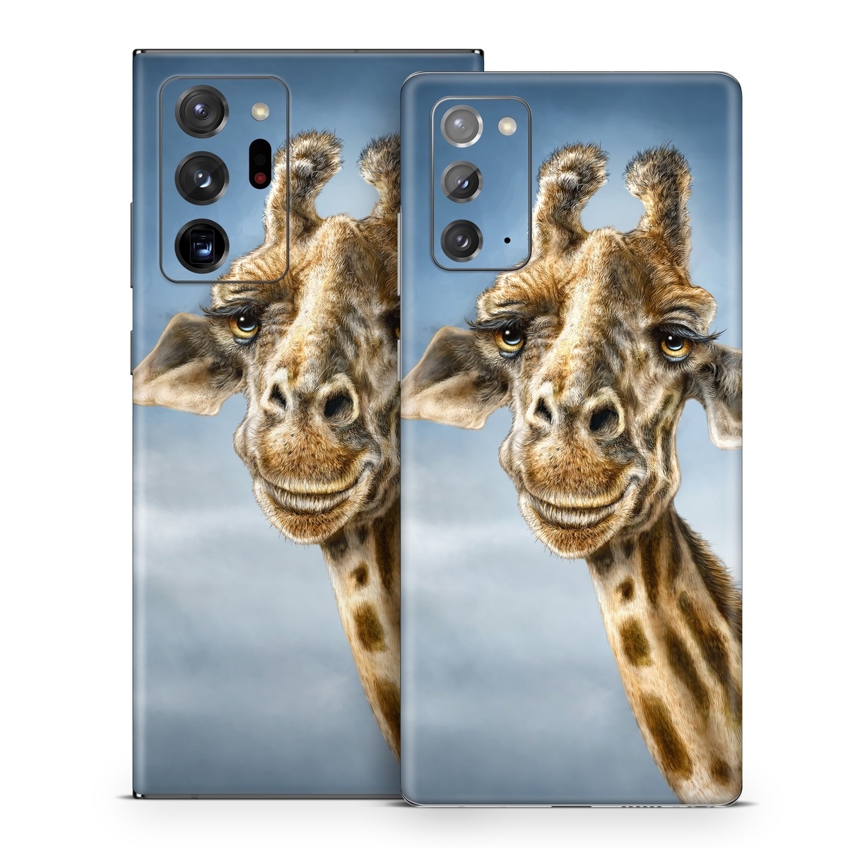 Samsung Galaxy Note 20 Series Skin design of Giraffe, Giraffidae, Terrestrial animal, Wildlife, Head, Snout, Organism, Adaptation, Close-up, Neck, with gray, black, blue, green colors