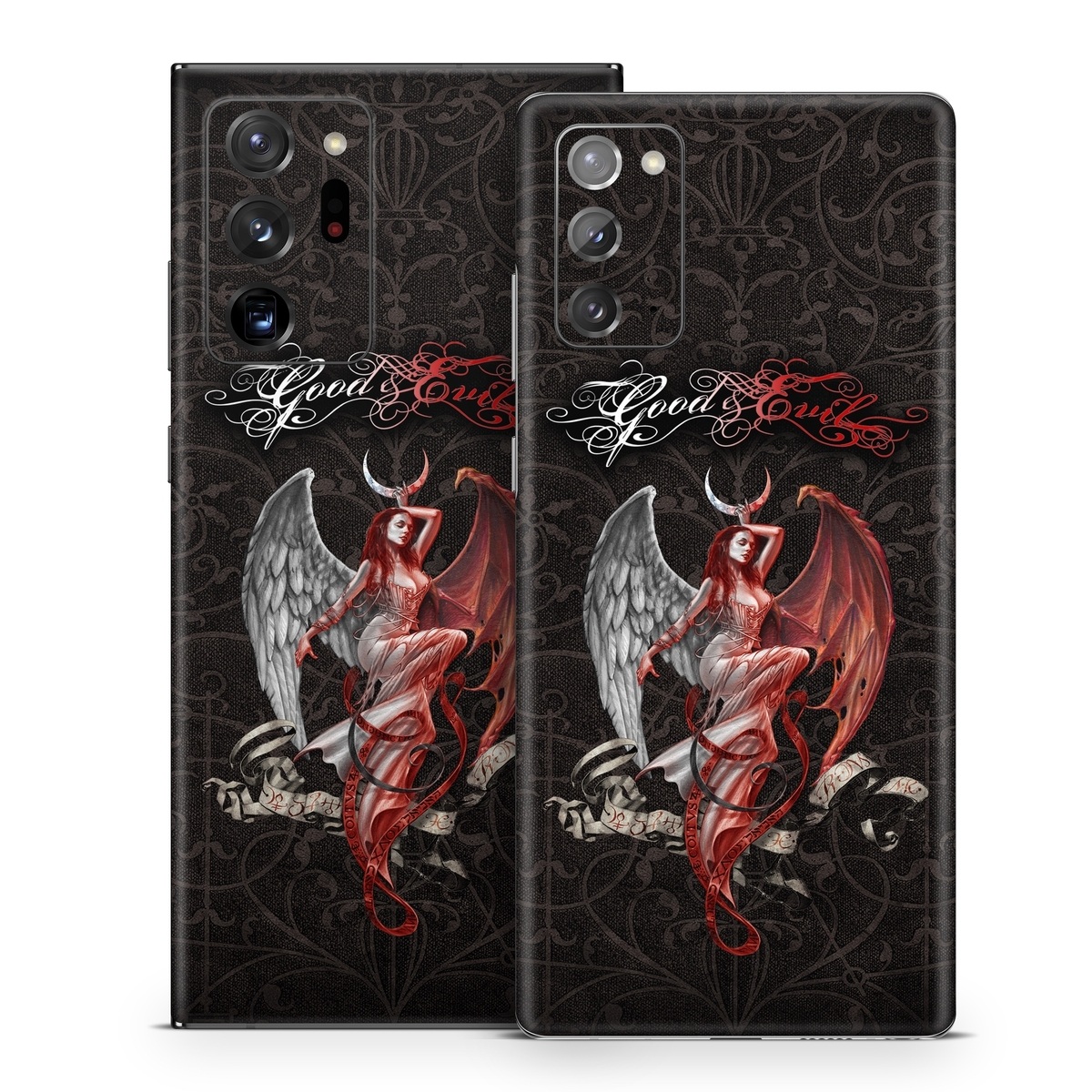Samsung Galaxy Note 20 Series Skin design of Illustration, Fictional character, Graphic design, Supernatural creature, Demon, Cg artwork, Art, Mythology, Angel, Wing, with black, white, red colors