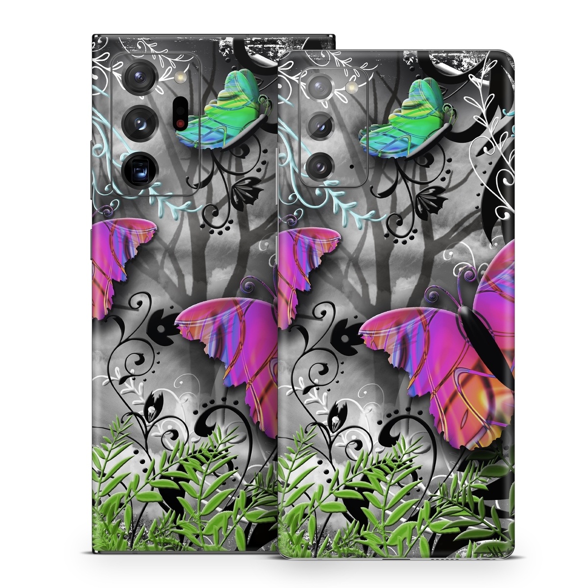 Samsung Galaxy Note 20 Series Skin design of Butterfly, Pink, Purple, Violet, Organism, Spring, Moths and butterflies, Botany, Plant, Leaf, with black, gray, green, purple, red colors