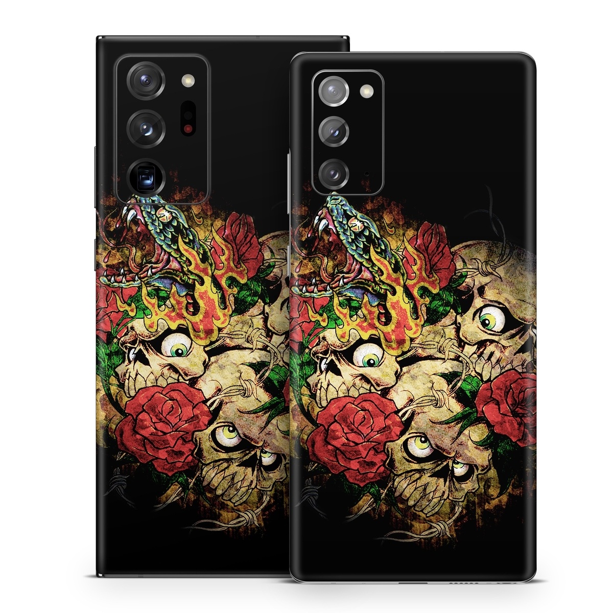 Samsung Galaxy Note 20 Series Skin design of Illustration, Bouquet, Art, Skull, Plant, Rose, Flower, Graphic design, Fictional character, Floral design, with black, red, green, gray colors